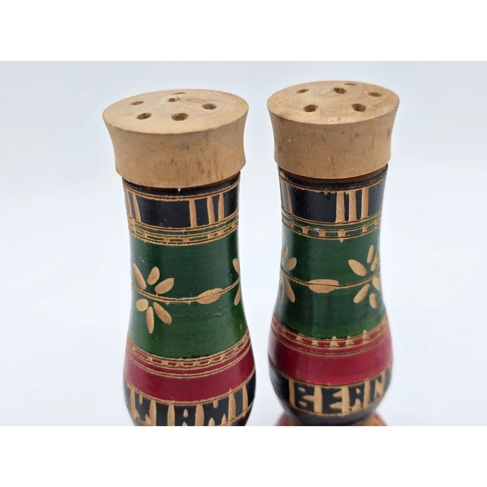 Unique vintage multi color stained wood carved Miami Beach salt & pepper shakers
